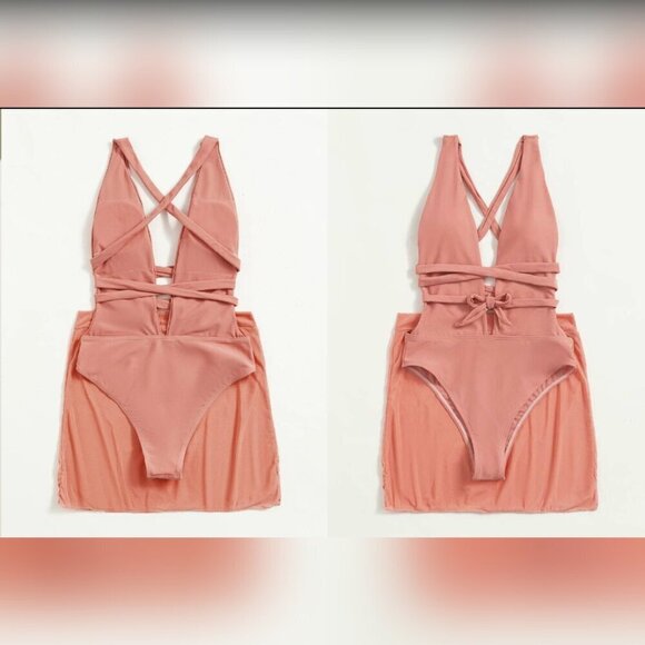 2-Pack Solid Plunge One-Piece Peach Halter Neck Swimsuit + Beach Skirt - Picture 3 of 3